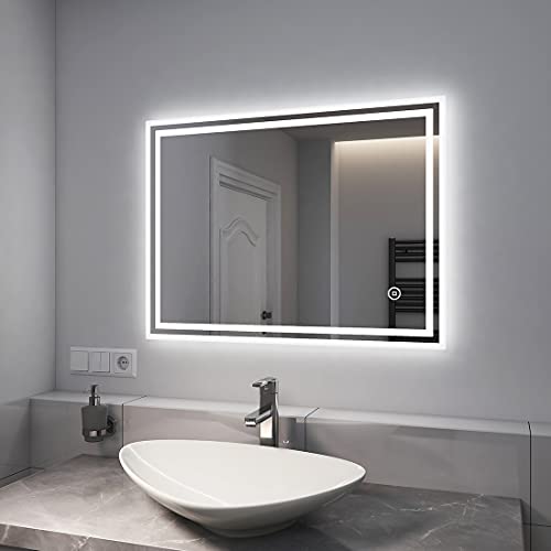 EMKE LED Badspiegel mit Beleuchtung 90x70cm Badezimmerspiegel kaltweiß Lichtspiegel Wandspiegel mit Touchschalter + beschlagfrei IP44 von EMKE