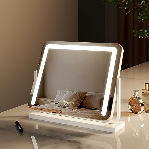 EMKE LED Hollywood Schminkspiegel mit Beleuchtung - Rechteck Hollywood Spiegel mit Dimmbar, 360° drehbar, Speicherfunktion, 3 Lichtfarben, Beleuchteter Kosmetikspiegel - Weiß, 50x42cm von EMKE