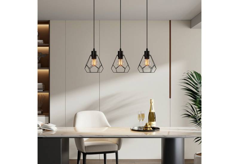 EMKE Pendelleuchte 3‑flammig, höhenverstellbar E27 Fassung Retro, ohne Leuchtmittel, Geometrischem Design Lampenschirm für E27 (Glühbirne nicht enthalten) von EMKE