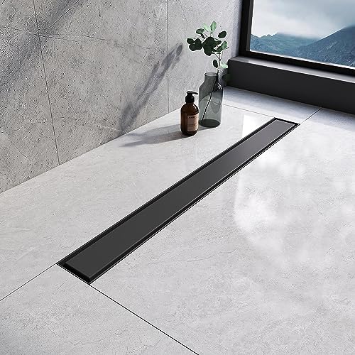 EMKE Linearer Duschablauf 700mm, 304 Edelstahl Langer Unsichtbarer Duschbodenablauf mit Geruchsstop und Haarsieb, 2 in 1 Flieseneinsatz Doppelseitiger Duschablauf für Küche, Badezimmer - Mattschwarz von EMKE