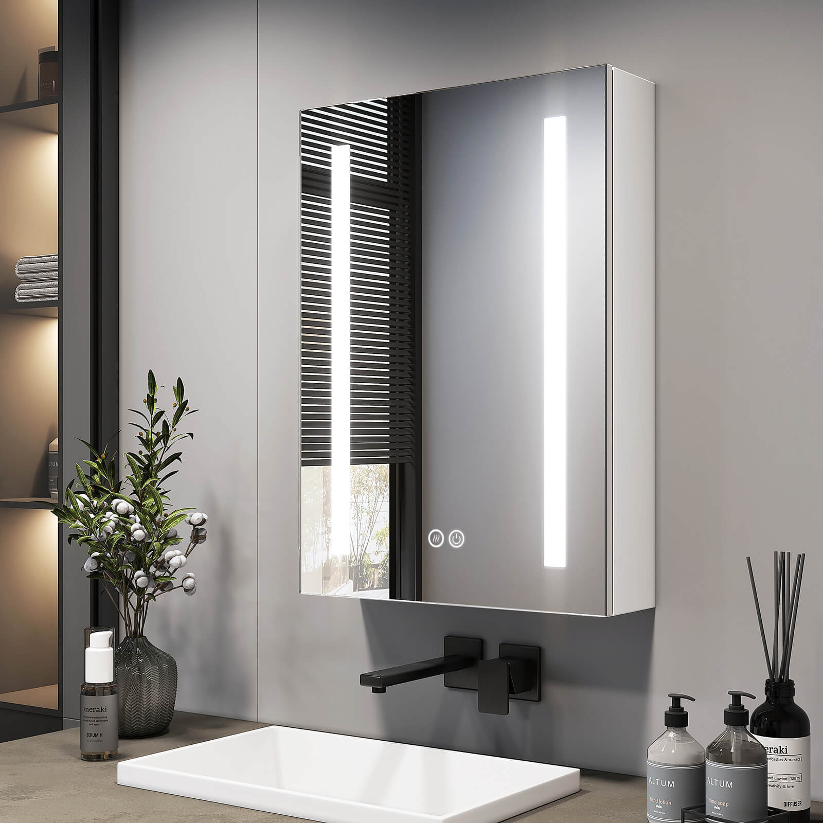 Spiegelschrank mit LED-Beleuchtung, Steckdose & Soft-Close, 1 Tür links angeschlagen Spiegelschrank mit LED-Beleuchtung, Steckdose & Soft-Close, 1 Tür links angeschlagen von EMKE