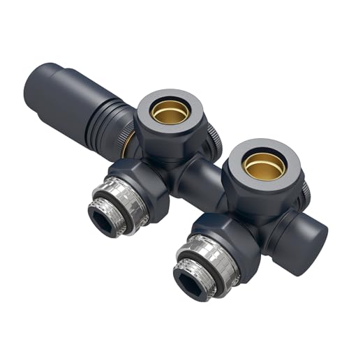 EMKE Multiblock Heizkörper Ventil-Armaturen, Hahnblock Heizungszubehör Eck und Durchgangsform 50mm, Ventilhahnblock Heizkörperventil mit Thermostat (Für 15mm+16mm Rohre * G1/2", 1 Stück, Anthrazit) von EMKE