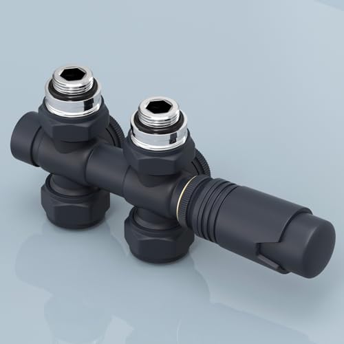 EMKE Multiblock Set für Heizkörper mit Thermostat, Hahnblock Eck und Durchgangsform Ventilhahnblock Mittelanschluss Heizkörperventil mit 50 mm Nabenabstand für Kunststoff (φ16 mm* G1/2" Anthrazit) von EMKE