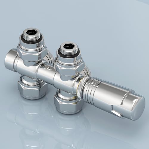 EMKE Multiblock Set für Heizkörper mit Thermostat, Hahnblock Eck und Durchgangsform Ventilhahnblock Mittelanschluss Heizkörperventil mit 50 mm Nabenabstand für Kunststoff (φ16 mm* G1/2" Chrom) EMKE Multiblock Set für Heizkörper mit Thermostat, Hahnblock Eck und Durchgangsform Ventilhahnblock Mittelanschluss Heizkörperventil mit 50 mm Nabenabstand für Kunststoff (φ16 mm* G1/2" Chrom) von EMKE