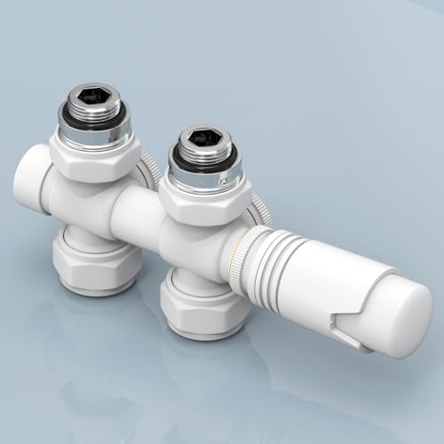 EMKE Multiblock Set für Heizkörper mit Thermostat, Hahnblock Eck und Durchgangsform Ventilhahnblock Mittelanschluss Heizkörperventil mit 50 mm Nabenabstand für Kunststoff (φ16 mm* G1/2" Weiß) von EMKE