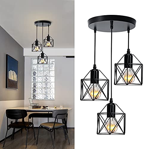 EMKE Pendellampe Vintage 3 flammige Retro Hängelampe Deckenleuchter Metallschirm E27 Schwarz, geeignet für Wohnzimmer, Esszimmer und Schlafzimmer von EMKE