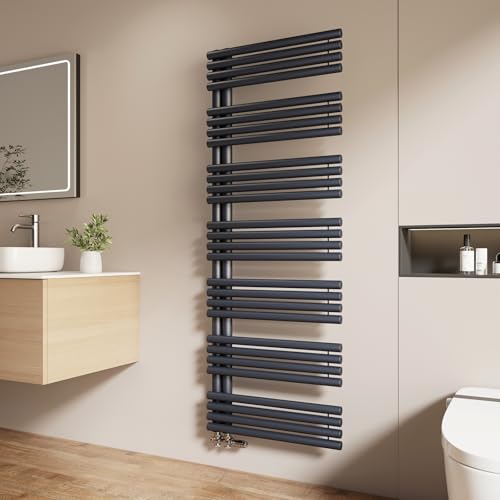EMKE Runde Rohre Badheizkörper 166 x 60 cm, Handtuchheizkörper Seitenanschluss Badheizkörper Handtuchhalter Handtuchwärmer Handtuchtrockner Handtuch Heizkörper Bad Anthrazit 1075W von EMKE