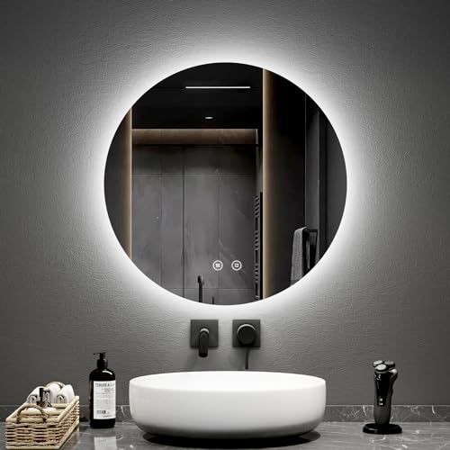EMKE Runder Badezimmerspiegel mit 60 cm Durchmesser, mit Anti-Beschlag- und Touch-Schalter, Badezimmerspiegel mit LED-Hintergrundbeleuchtung, dimmbare Helligkeit, kaltes Licht 6500 K, runder von EMKE