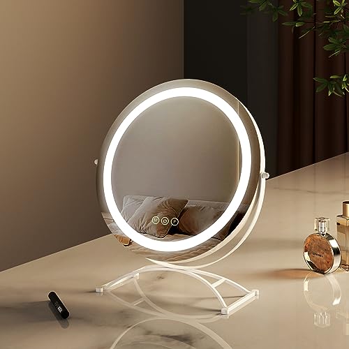 EMKE Schminkspiegel mit Beleuchtung, Φ40CM Smart-Touch Schminktisch Spiegel mit 3 Lichtfarben, Hollywood Spiegel Einstellbare Helligkeit mit Memory-Funktion, 360° drehbar- Weiß von EMKE