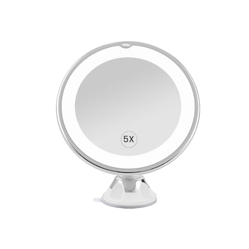 EMKE Schminkspiegel mit Beleuchtung mit 5 Fach Vergrößerungsspiegel, Weiß schminkspiegel mit licht 360° Schwenkbar mit Saugnapf, 175 mm Durchmesser Tragbarer Kosmetikspiegel mit Beleuchtung von EMKE