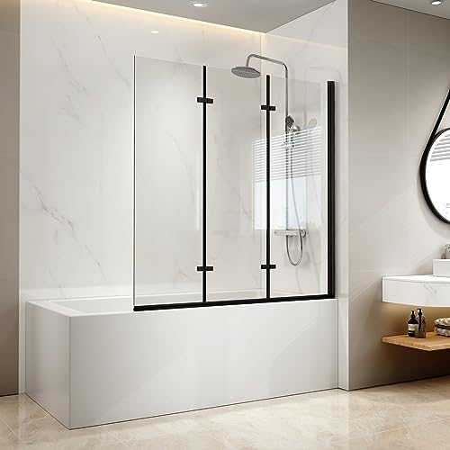 EMKE Schwarz Duschwand für Badewanne 130x140 cm, 3-teilig Faltbar Duschtrennwand für Badewanne Duschwand Badewanne, Duschabtrennung Badewanne 6mm Sicherheitsglas Badewannenaufsatz von EMKE