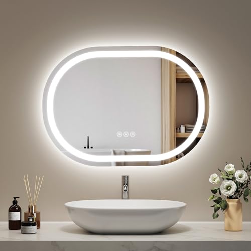 EMKE Badspiegel mit Beleuchtung 50x70cm Oval Spiegel mit Touch-Schalter/3 Lichtfarbe Dimmbar/Antibeschlag/Speicherfunktion/3 Stunden automatische Abschaltung Badezimmerspiegel mit Beleuchtung von EMKE