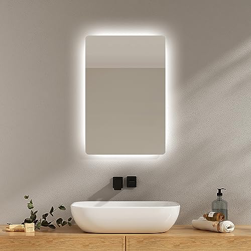 EMKE Badspiegel mit Beleuchtung 40x60cm, Badezimmerspiegel mit Beschlagfrei, 2 Lichtfarbe Warmweiß/Kaltweiß, Kippschalter, IP44 energiesparend Explosionsgeschützte Spiegel von EMKE