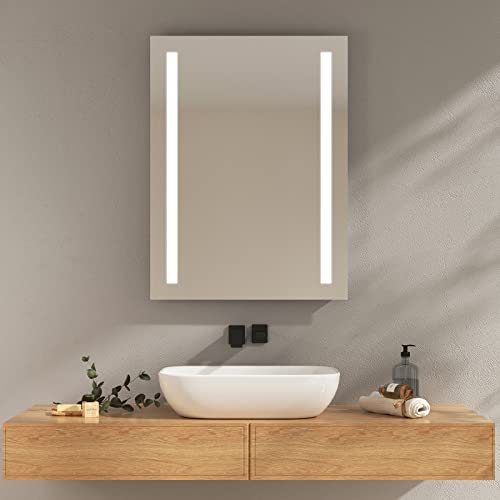 EMKE Spiegel mit Beleuchtung 60x80cm LED Badspiegel mit Beschlagfrei, 2 Lichtfarben und Taste, Badezimmerspiegel IP44 Energiesparend Kippschalter Wandschalter von EMKE