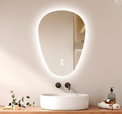 EMKE Asymmetrischer Spiegel LED Badspiegel mit Beleuchtung 70 x 50 cm Touch-Schalter, 3 Lichtfarben Dimmbar, Beschlagfrei Badezimmerspiegel mit Beleuchtung IP44 Energiesparend von EMKE