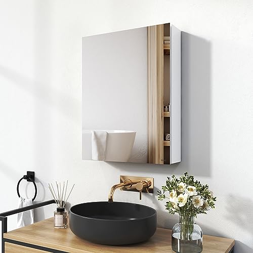 EMKE Spiegelschrank Bad, Badezimmer Spiegelschrank mit Spiegel, 50x65cm Badschrank Wandschrank mit höhenverstellbaren Glasablage (Weiß Mattiert) von EMKE