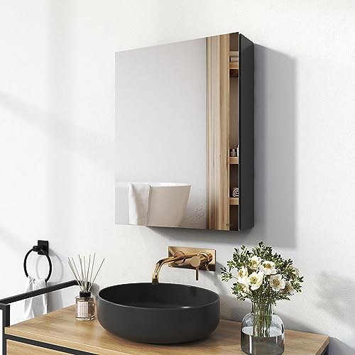 EMKE Spiegelschrank Bad, Badezimmer Spiegelschrank mit Spiegel, 50x65cm Badschrank Wandschrank mit höhenverstellbaren Glasablage (Grau Mattiert) von EMKE
