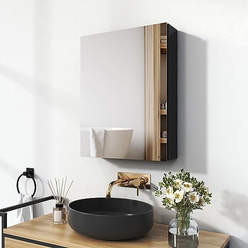EMKE Spiegelschrank Bad, Badezimmer Spiegelschrank mit Spiegel, 50x65cm Badschrank Wandschrank mit höhenverstellbaren Glasablage (Schwarz Mattiert) von EMKE