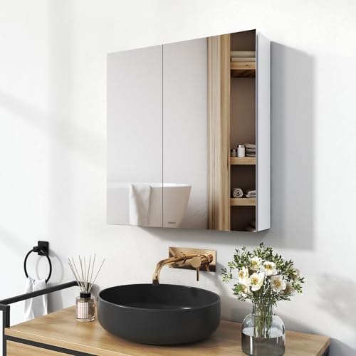 EMKE Spiegelschrank Bad, Badezimmer Spiegelschrank mit Spiegel, 60x65cm Badschrank Wandschrank mit höhenverstellbaren Glasablage (Weiß Mattiert) von EMKE