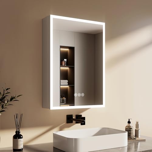EMKE Spiegelschrank Bad mit Beleuchtung, 50x70x14,5 cm, Antibeschlag, 3 Lichtfarbe dimmbar, Steckdose, Glasablage, Speicherfunktion, Silberner Doppelspiegel Spiegelschrank, Acryl-Leuchtmaterial von EMKE
