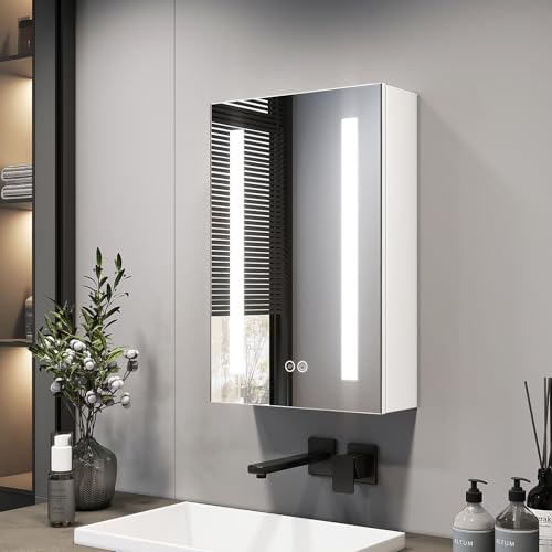 EMKE Spiegelschrank Bad mit Beleuchtung 40x60cm, 3 dimmbare Lichtfarben, Antibeschlag, Steckdose, Badezimmer Spiegelschrank mit Glasablage, Weißer Doppelspiegel, Speicherfunktion Spiegelschrank von EMKE