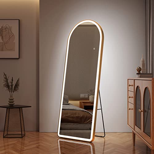 EMKE Standspiegel Gold 160x60cm mit 3 Lichtfarbe Dimmbar mit Speicherfunktion Standspiegel mit Beleuchtung, Touchschalter, Kaltweiß Neutral Warmweiß Licht LED Ganzkörperspiegel Gold von EMKE