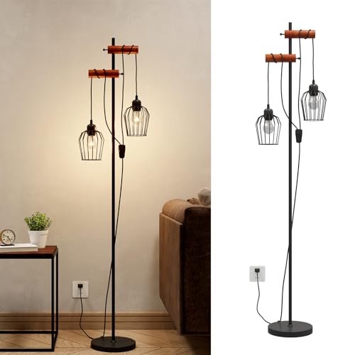 EMKE Stehlampe Holz Stehleuchte Wohnzimmer Schwarz, E27 Standleuchte LED Retro Leselampe Stehlampe Schlafzimmer Floor Lamp Outdoor Stehlampen Bogenlampe von EMKE