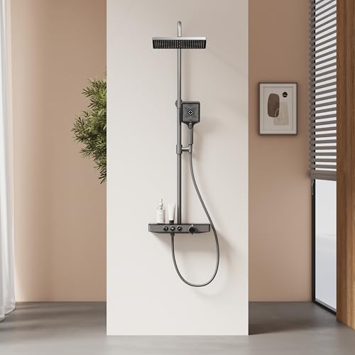 EMKE Thermostatische Duschsäule, 1127 x 460 x 360 mm, Regendusche, Handbrause mit 3 Funktionen, höhenverstellbar 797-1127 mm, mattes Anthrazit, Kupferkörper und Glasplatte, modernes Design von EMKE