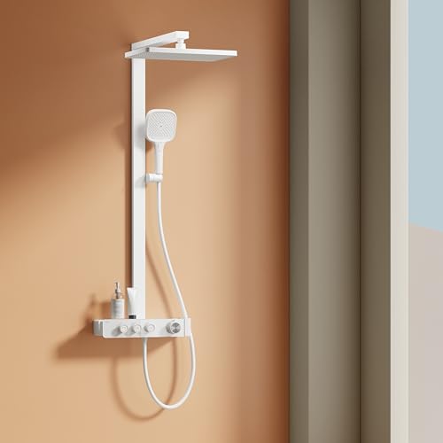 EMKE Thermostatische Duschsäule, Regendusche 360 mm, Handbrause mit 3 Funktionen, einstellbarer Wasserdurchflussregler, Gleitstange ohne Ende, einfache Installation, mattweiß von EMKE
