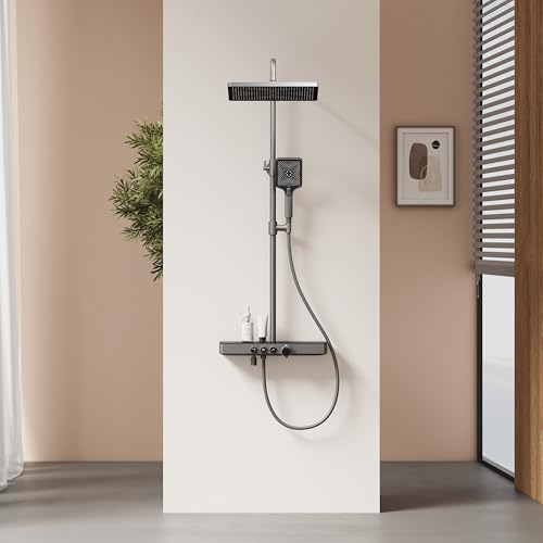EMKE Thermostatische Duschsäule, Regendusche und Handbrause, höhenverstellbar 816-1146 mm, Anthrazit matt, Duschset mit Glasablage, 1146 x 450 x 480 mm EMKE Thermostatische Duschsäule, Regendusche und Handbrause, höhenverstellbar 816-1146 mm, Anthrazit matt, Duschset mit Glasablage, 1146 x 450 x 480 mm von EMKE
