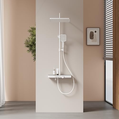 EMKE Thermostatische Duschsäule, Regendusche und manuelle Dusche, höhenverstellbar 816-1146 mm, Mattweiß, Duschset mit Glasablage, 1146 x 450 x 480 mm EMKE Thermostatische Duschsäule, Regendusche und manuelle Dusche, höhenverstellbar 816-1146 mm, Mattweiß, Duschset mit Glasablage, 1146 x 450 x 480 mm von EMKE
