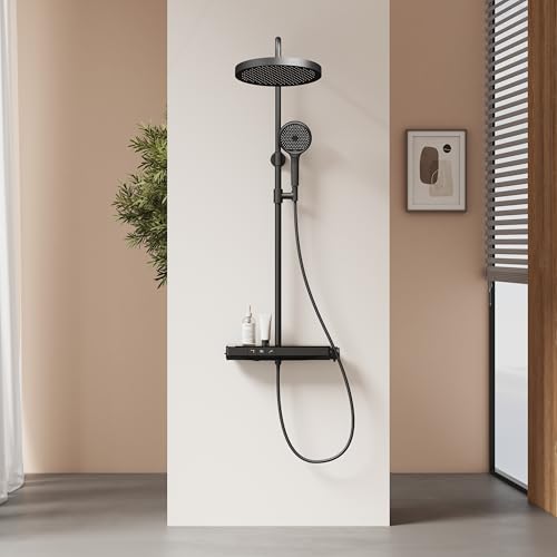 EMKE Thermostatische Duschsäule mit Glasablage, 320 mm, extra große Regendusche, Handbrause mit 3 Strahlarten, Mattschwarz, verstellbare Höhe 818-1068 mm von EMKE