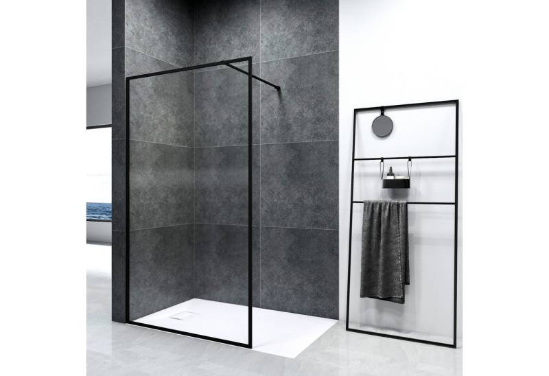 EMKE Walk-in-Dusche Walk In Duschtrennwand Sichtschutz Glas Duschwand mit NANO Höhe:200 cm, mit 8mm Nano-Beschichtung ESG Klares Sicherheitsglas Schwarz von EMKE