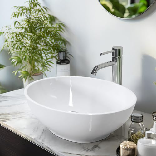 EMKE Waschbecken Aufsatzwaschbecken Oval, Hängewaschbecken für Badezimmer Gäste WC 35 x 27 x 11 cm, Waschbecken Oval Waschschalen Waschtisch Klein Waschbecken Bad Keramikwaschbecken Weiß von EMKE