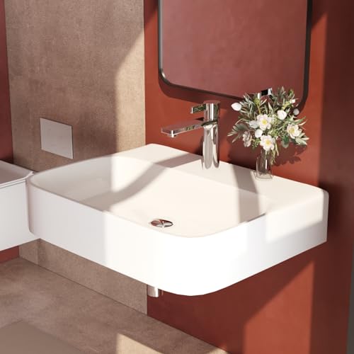 EMKE Waschbecken Rechteckig Keramik Hängewaschbecken mit dünnem Rand Design Handwaschbecken Waschtisch Für Badezimmer Gäste-WC (610x475x140mm, Weiß) von EMKE