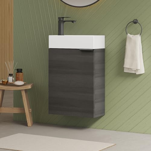 EMKE Waschbecken mit Unterschrank 41 cm, Kompaktes Waschtisch-Set mit Keramikbecken für Gäste-WC & kleines Bad, Waschtisch mit Unterschrank, Anthrazit (inkl. Armatur) von EMKE