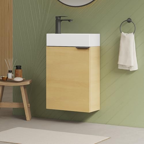 EMKE Waschbecken mit Unterschrank 41 cm, Kompaktes Waschtisch-Set mit Keramikbecken für Gäste-WC & kleines Bad, Waschtisch mit Unterschrank, Eiche von EMKE
