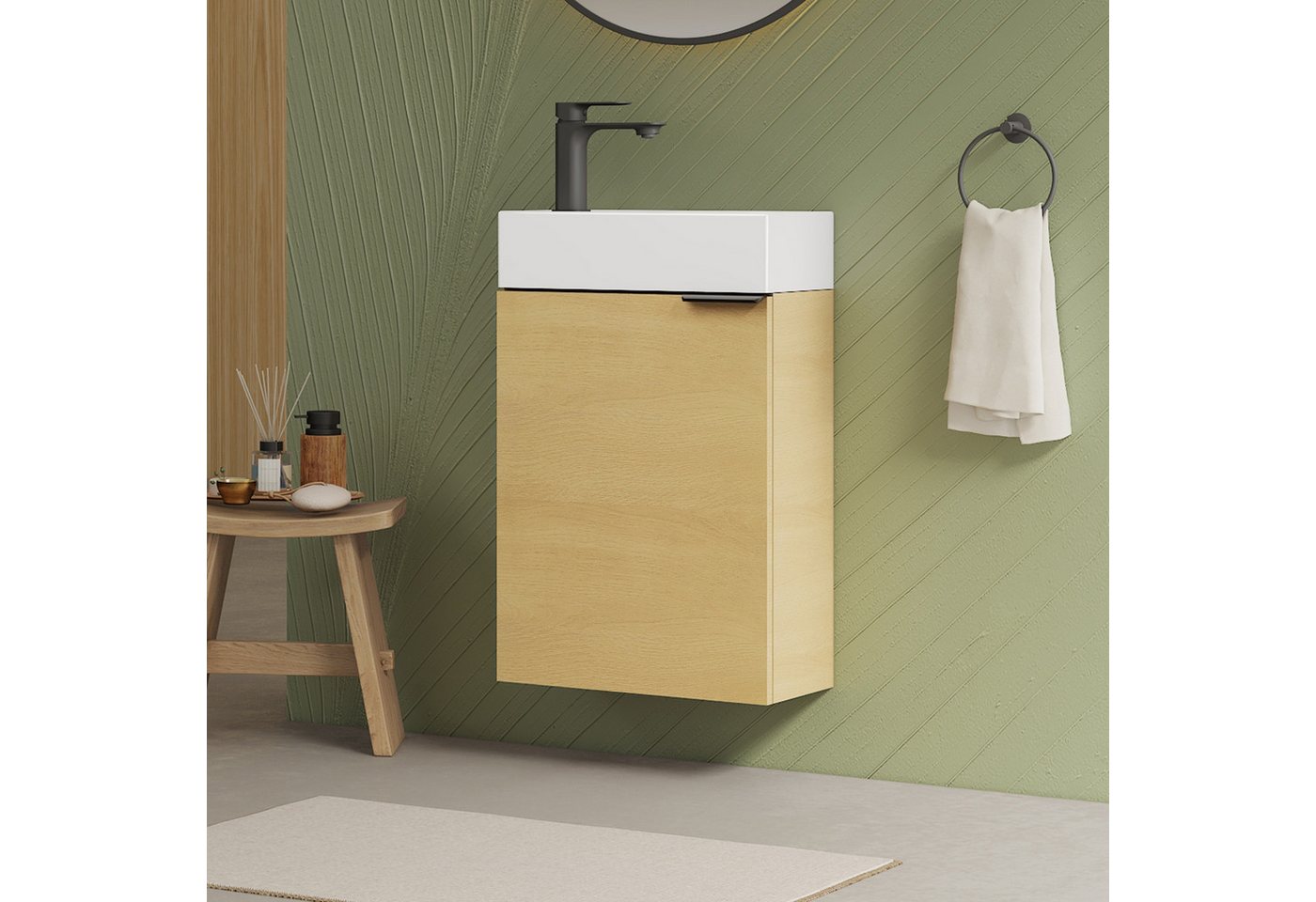 EMKE Waschtisch Kompakter Badschrank mit Waschbecken set 41,5 x 64 cm für kleine Bäder (2-St), Ultradünner Badschrank–Hängend und vormontiert, perfekt für kleine Bad von EMKE