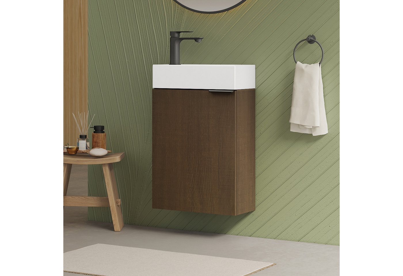 EMKE Waschtisch Kompakter Badschrank mit Waschbecken set 41,5 x 64 cm für kleine Bäder (3-St), Ultradünner Badschrank–Hängend und vormontiert, perfekt für kleine Bad von EMKE