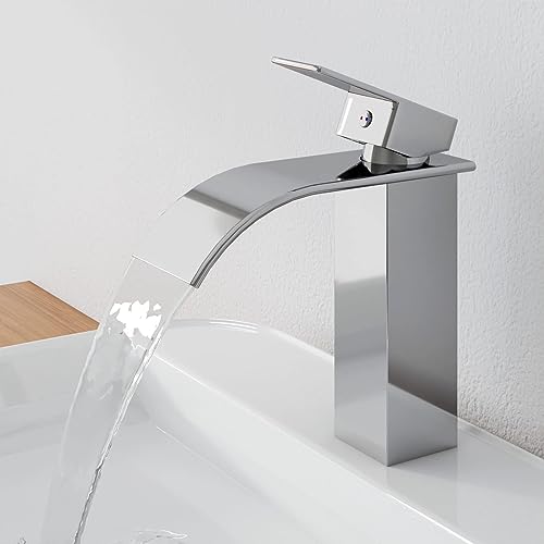 EMKE Wasserfall Wasserhahn, Waschtischarmatur Wasserhahn für Badezimmer Waschbecken, Badarmatur Chrom aus Edelstahl, Einhebelmischer für Waschbecken mit Auslauf Höhe 117 mm von EMKE