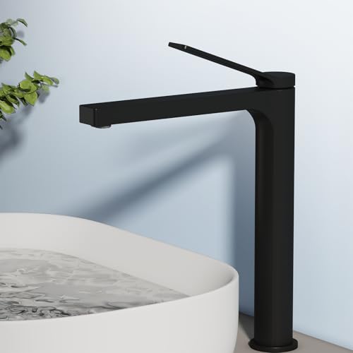 EMKE Wasserhahn Bad Schwarz Matt, 335 x 233 x 46 mm, Messing, Keramikkartusche, Badarmatur, Mischbatterie Waschbecken-Armatur einfache Installation, Wasserhahn mit Luftsprudler, Waschtischarmatur von EMKE
