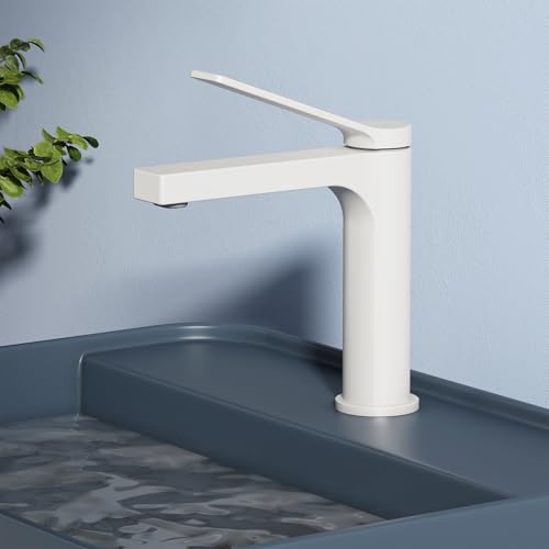 EMKE Wasserhahn Bad Weiß Matt, 195 x 173 x 46 mm, Messing, Keramikkartusche, Badarmatur, Mischbatterie Waschbecken-Armatur einfache Installation, Wasserhahn mit Luftsprudler, Waschtischarmatur EMKE Wasserhahn Bad Weiß Matt, 195 x 173 x 46 mm, Messing, Keramikkartusche, Badarmatur, Mischbatterie Waschbecken-Armatur einfache Installation, Wasserhahn mit Luftsprudler, Waschtischarmatur von EMKE