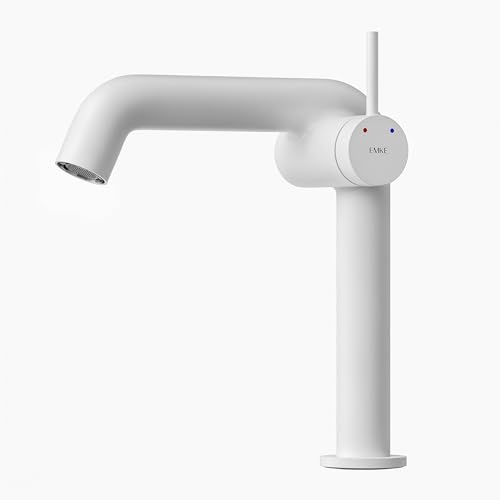 EMKE Wasserhahn für Badezimmer, mattweiß, Einhebelmischer aus Messing, Keramikkartusche, 222 x 200 x 76 mm, einfache Installation, wassersparend, Waschbeckenarmatur von EMKE
