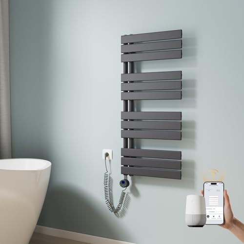 EMKE WiFi Intelligenter Badheizkörper Handtuchhalter Elektrisch 1041x500 mm, Handtuchheizkörper Elektrisch mit Thermostat Elektrischer Handtuchwärmer mit Heizstab Anthrazit 600W von EMKE