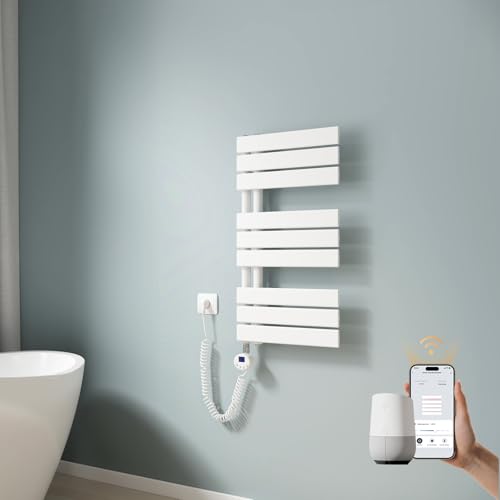 EMKE WiFi Intelligenter Badheizkörper Handtuchhalter Elektrisch 762x400 mm, Handtuchheizkörper Elektrisch mit Thermostat Elektrischer Handtuchwärmer mit Heizstab Weiß 400W von EMKE