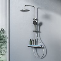 Duschsystem mit Thermostat Chrom mit LED-Beleuchtung Regendusche mit 3 Strahlarten Handbrause + Regendusche mit Armatur + Bodennaher Wasserstrahl von EMKE