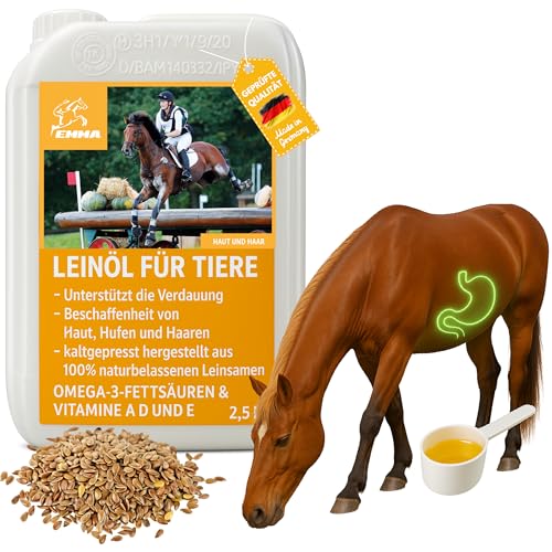 Leinöl Pferde Tiere 2,5L für Hunde Kanister I Barf Öl Leinöl Pferd reich an Omega 3 Öl 3 6 Fettsäuren I Leinsamenöl aus Leinsamen Pferd 100% Kaltgepresst Barf-Zusatz für Fell Verdauung Fellwechsel von EMMA
