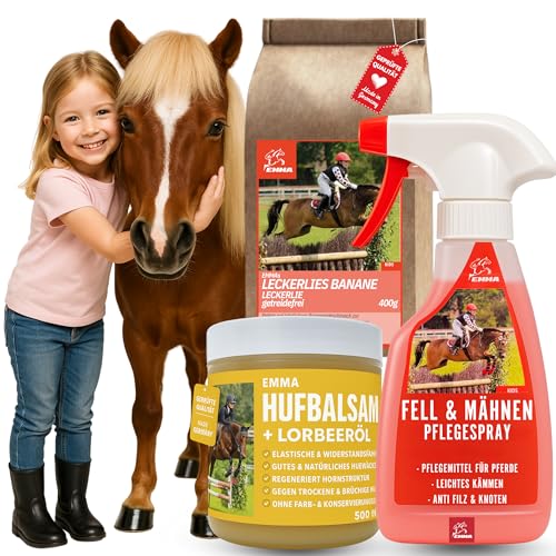 EMMA Inhalt Putzbox für Kinder I Pflegeset für Pferde mit Pferdeleckerlis Banane, Huffett Pferd, Mähnenspray Pferd I Pferdepflege Set 3 St I Hufbalsam Pflege bei Strahlfäule I Schweifspray für Pferde von EMMA