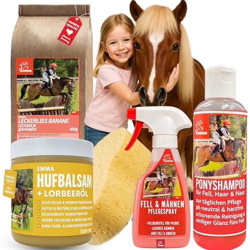 Mähnenspray Schweifspray Für Pferde I Pferde Shampoo I Huffett Pferde I Pferde Leckerlies I Schwamm I Pferdepflege Set Kinder + Leckerli Pferd 5 Teile I Putzzeug Pferdepflege I Inhalt Putzbox Pferde von EMMA