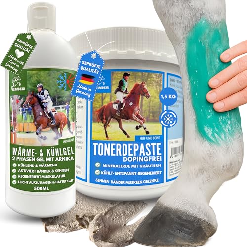 EMMA Tonerde Pferd + Pferdesalbe kühlend wärmend 500ml 1,5kg Heilerde Paste dopingfrei I Tonerde + Kühlsalbe Gel zur Entspannung Sehnen Gelenke Muskeln Pferdebalsam Arnika Salbe extra stark von EMMA
